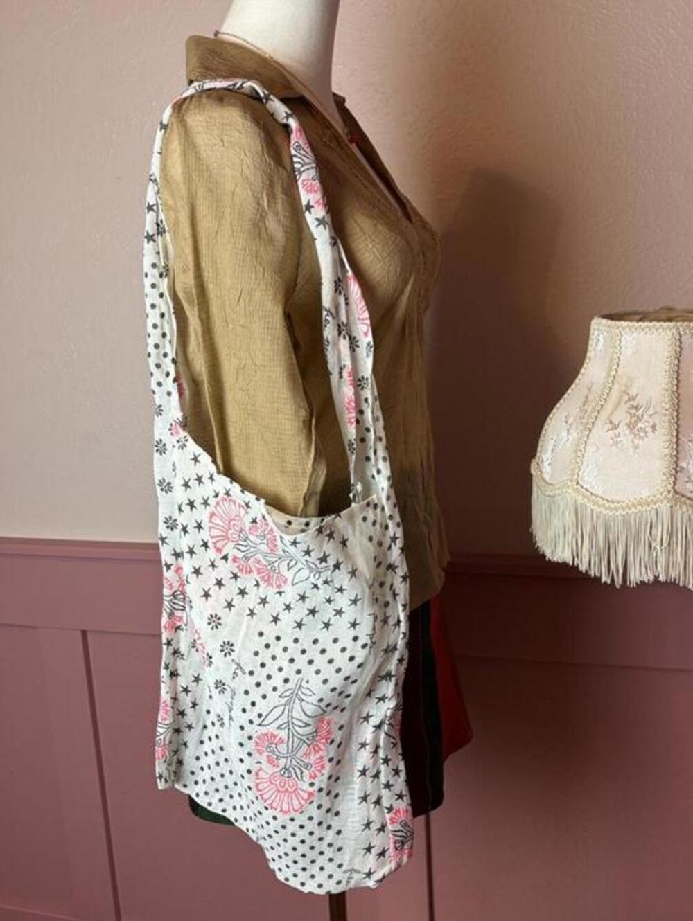 Free People polka dot patchwork reusable shopping tote bag gauzy boho black pink